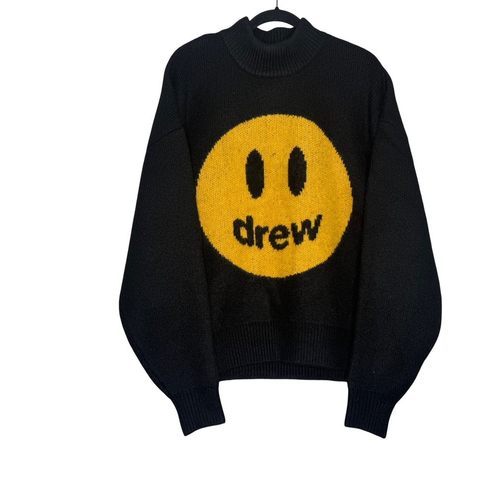 Drew House Mascot Funnelneck Knit Sweater Black Yellow Smiley Face Logo Adult L